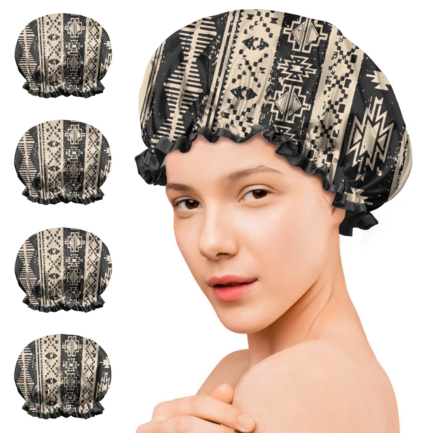 Shower Caps,Black Geometric Triangle Diamond Pattern Waterproof Shower Cap for Women 4 Pieces,Double Reusable Hair Cover for Shower PEVA Elastic Stretch Hem