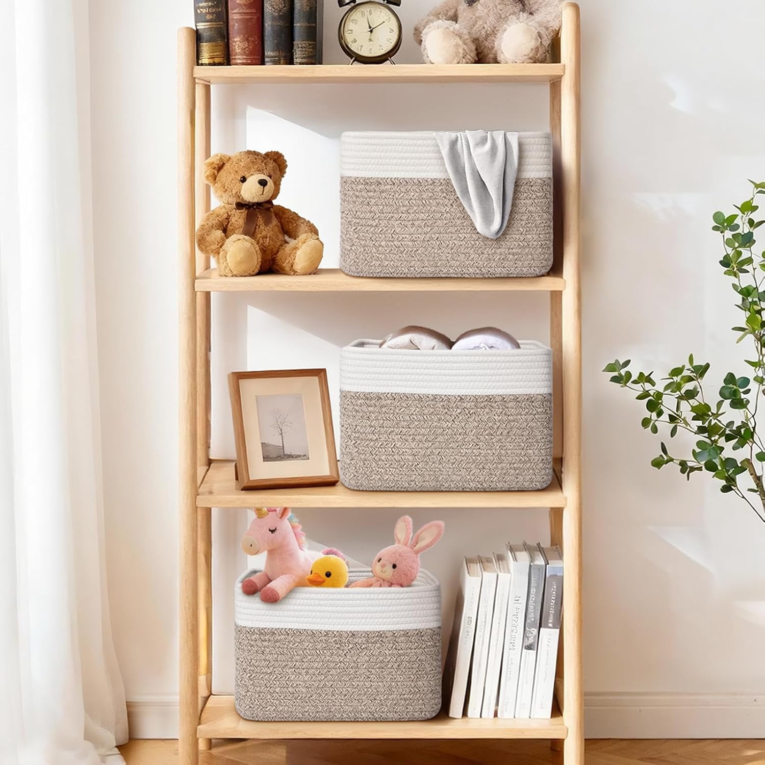 Natubeau 4 Pack Woven Storage Basket for Shelves, 13"x9"x8" Cotton Rope Woven Baskets for Organizing, Square Storage Bins with Handle, Brown & White