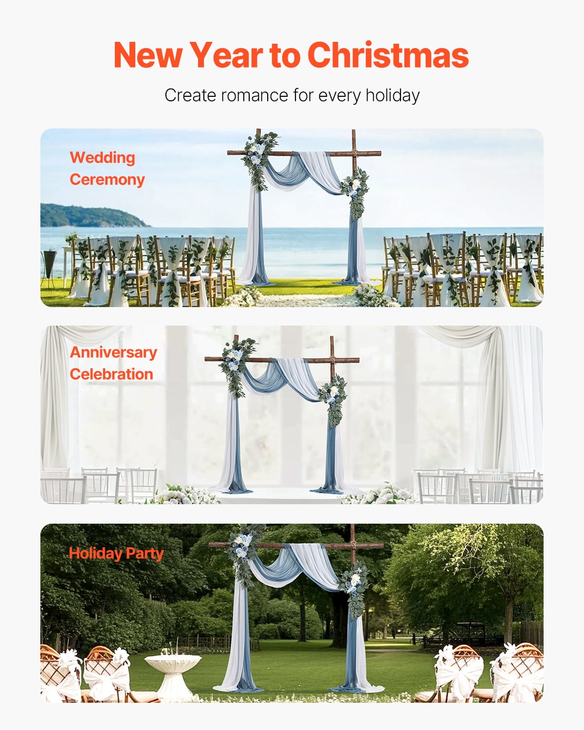 VEVOR Artificial Wedding Arch Flowers Kit, Blue Wedding Arch Flowers with Drapes Kit (Pack of 4) - 2 Pcs Floral Arrangement, 2 Pcs Sheer Drapes, for Ceremony Bouquets Reception Backdrop Decoration