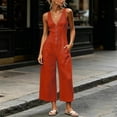 thumbnail image 5 of IUYRTFE Women Cotton Linen V Neck Button Down Jumpsuit Sleeveless Wide Leg Romper with Pockets, 5 of 6