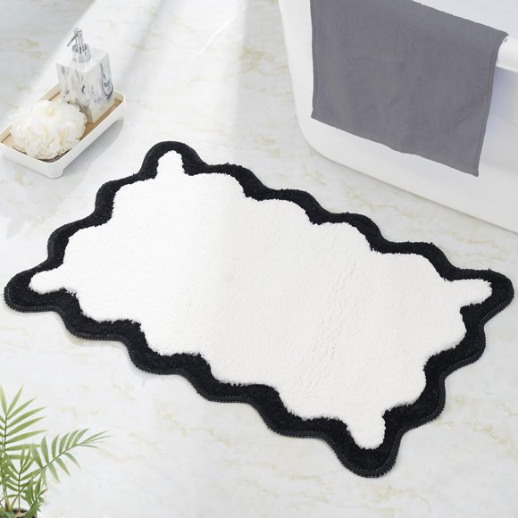 Alfombra de baño DyeFury Luxury Cute de color blanco con borde negro festoneado