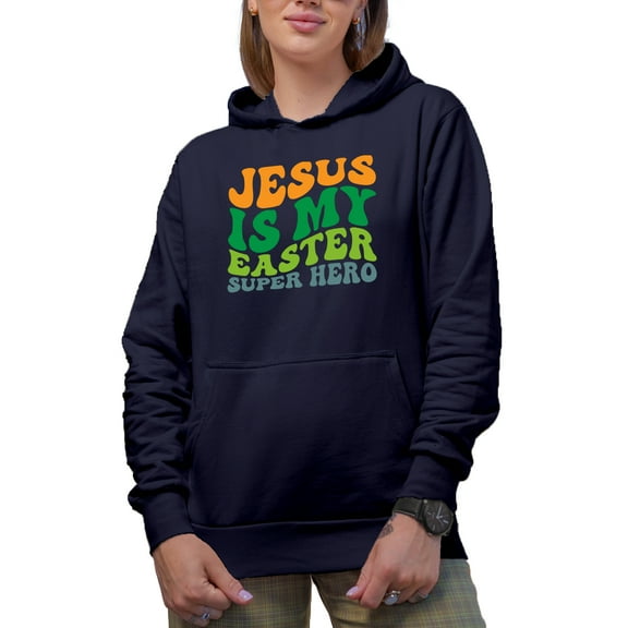 Jesus Is My Easter Super Hero, Resurrection Sunday Quote, Groovy Retro Wavy Text Merch Gift, Navy Blue Hooded Sweatshirt or Hoodie, 2XL