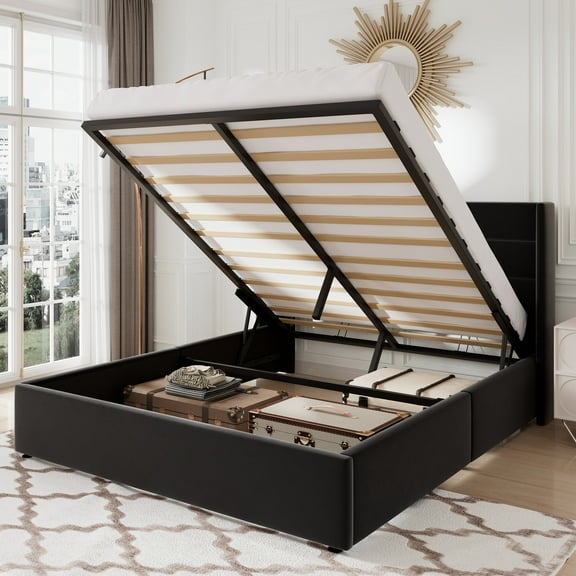 Sifurni Queen Size Velvet Lift up Hydraulic Storage Platform Bed Frame with Panel Upholstered Wingback Headboard, Black