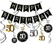 LeoHome 50th Birthday Decorations Kit- Gold Glitter Happy Birthday Banner & Sparkling Celebration 50 Hanging Swirls-50th Anniversary Decorations