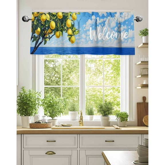 Curtain Valance for Windows,Summer Lemon Green Leaves Kitchen Valances Rod Pocket Short Curtains,Blue Ocean Welcome Quote Window Treatment Panel for Bedroom Bathroom 54"x18"