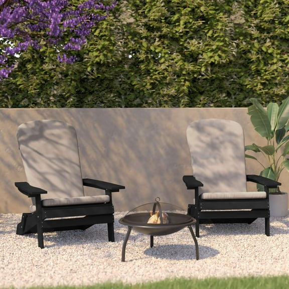 BizChair Set of 2 All-Weather Poly Resin Indoor/Outdoor Folding Adirondack Chairs in Black with Cream Cushions for Deck, Porch, and Patio