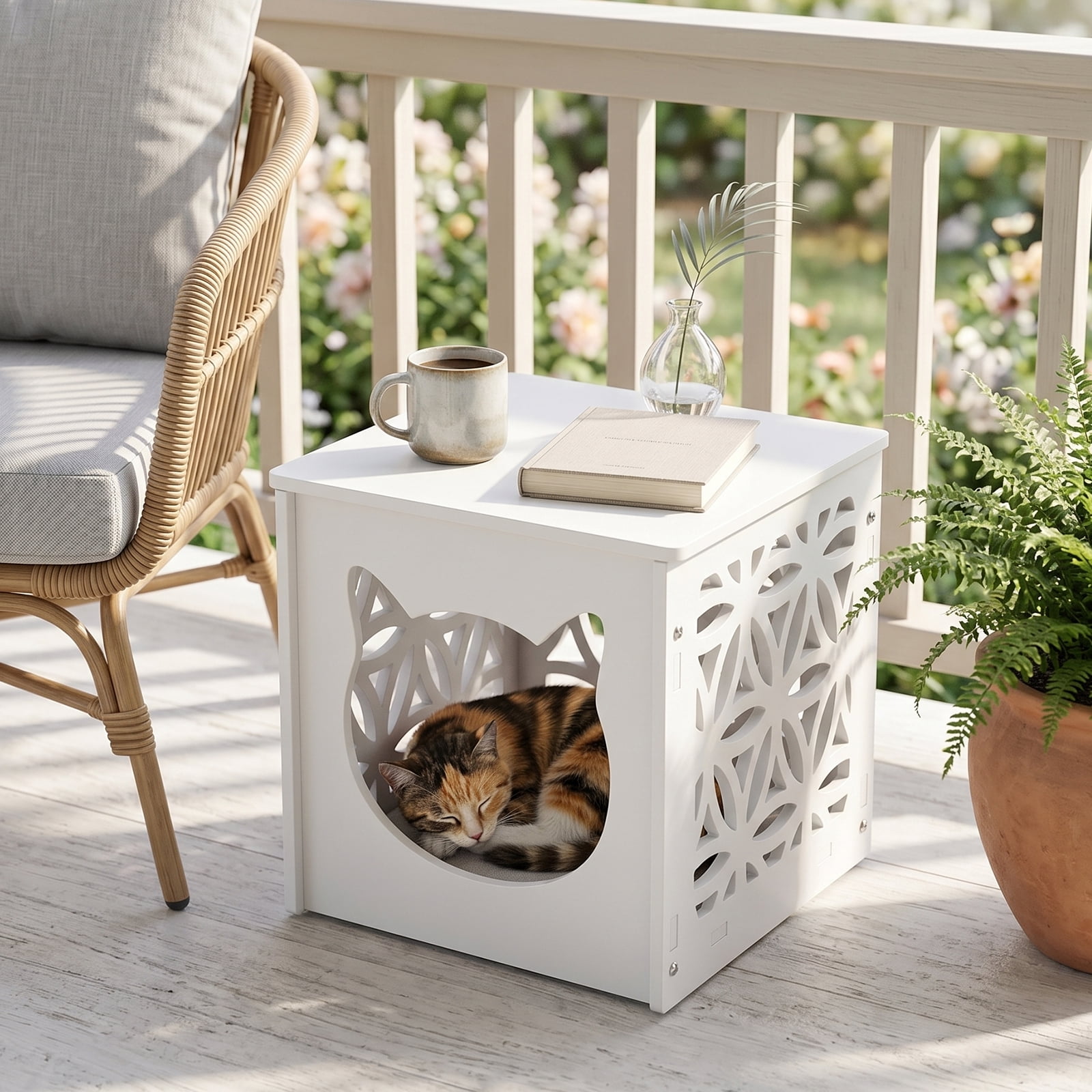 Side Table and House for Pets, Bedside Table with Warm Light, Cats Cube Condo, Nightstand End Table for Indoor Outdoor, White