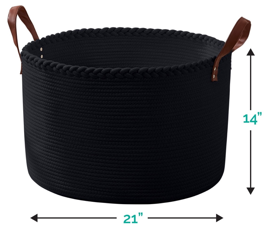 XLarge Round Cotton Rope Storage Basket Bin Organizer Laundry Hamper with Leather Handles, 21 x 21 x 14, Extra Large Blanket Woven Toy Basket for Baby Nursery - Black