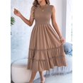 thumbnail image 4 of Women's Sleeveless Smocked Ruffle Neck Tiered Casual Flowy Midi Dress Khaki S, 4 of 10