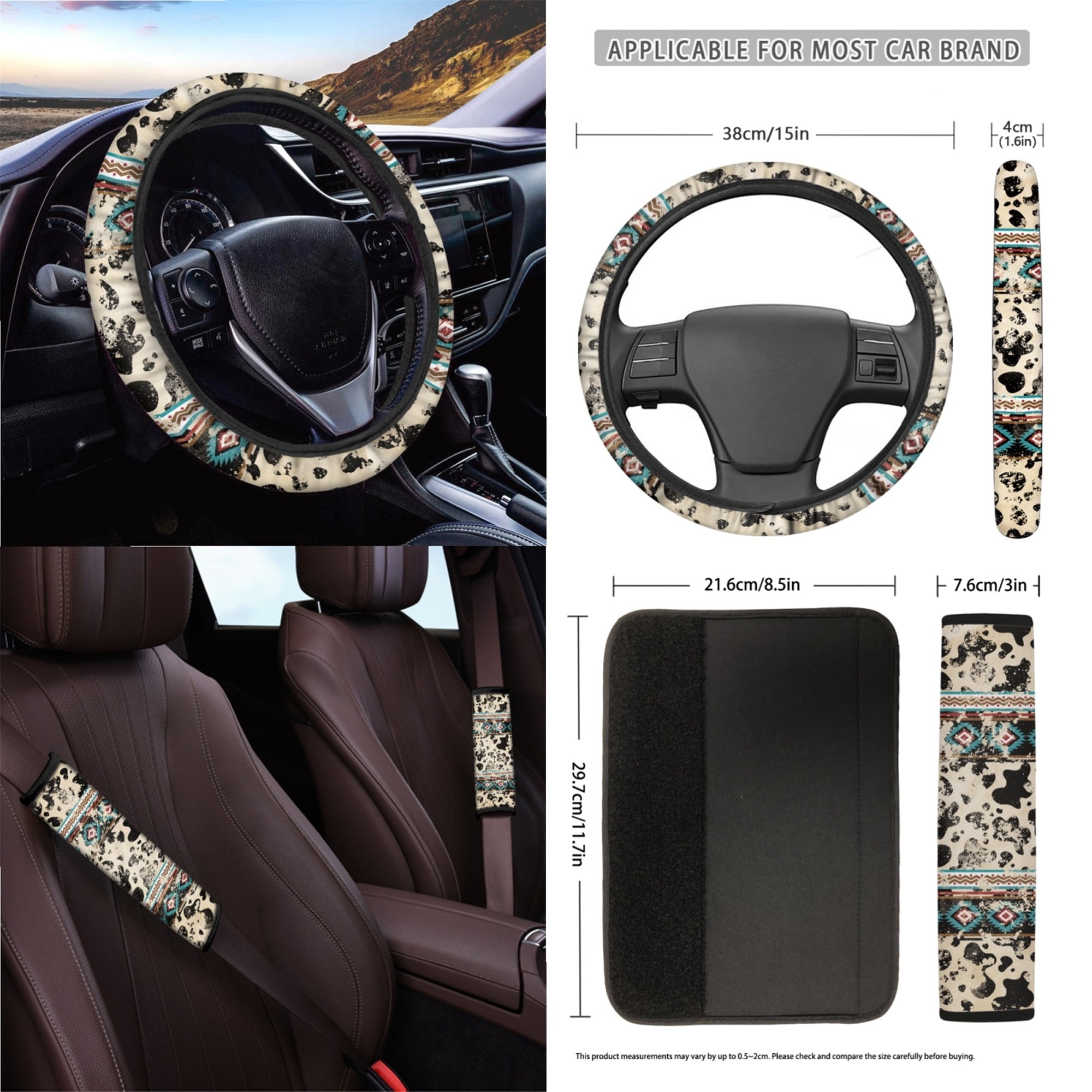 Yuyamidu Aztec Ethnic Car Seat Cover Set of 15 Cow Print Steering Wheel Cover Seat Belt Strap Pads Cup Coasters Trash Bag Air Vent Storage Bag Rearview Mirror Cover Keychain Auto Accessories