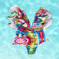 thumbnail image 3 of Meloria Swim and Fashion Stylish Ruffle Shoulder Backless Rainbow Swimwear, Tie Dye Multi Color Print Swimsuit, 3 of 4