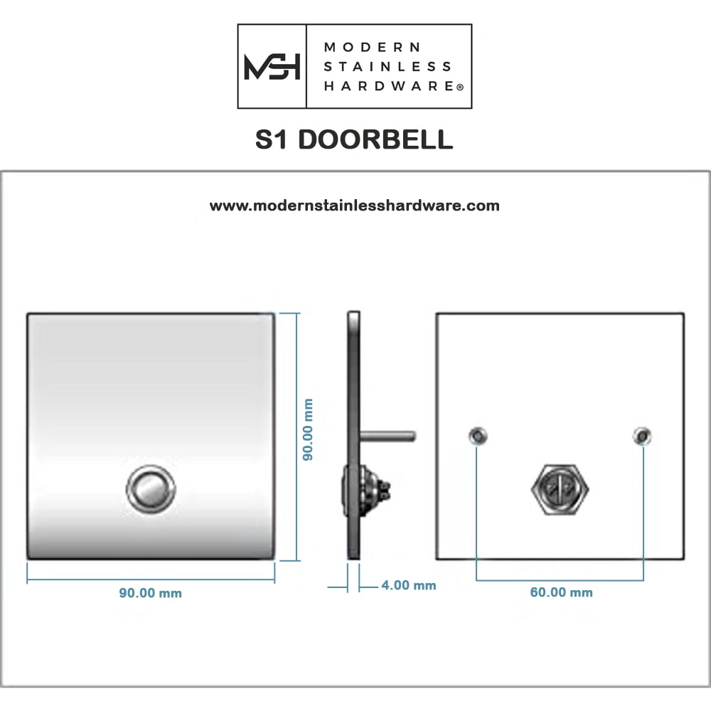 MSH Modern Stainless Hardware Model S1 Stainless Steel Doorbell Button in 304 Stainless Steel 3.54” x 3.54” x 5/32” (4mm Thick)