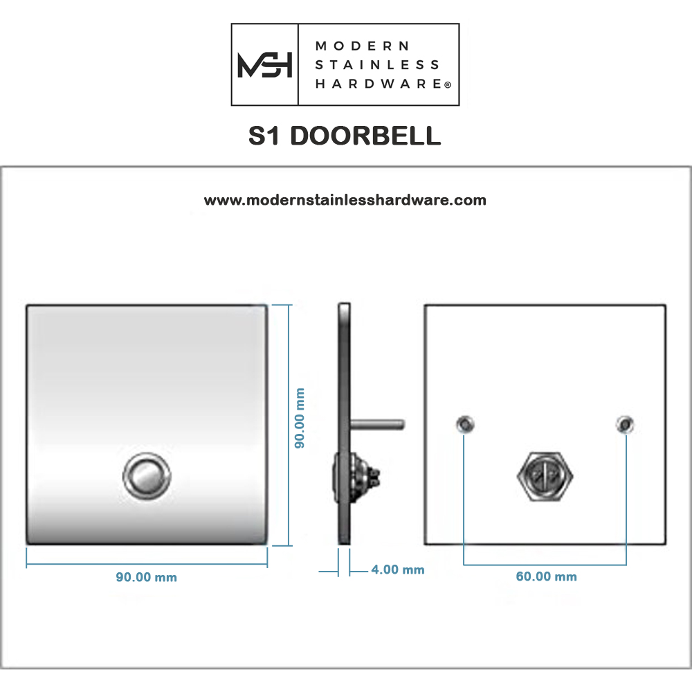 MSH Modern Stainless Hardware Model S1 Stainless Steel Doorbell Button in 304 Stainless Steel 3.54” x 3.54” x 5/32” (4mm Thick) - image 2 of 4