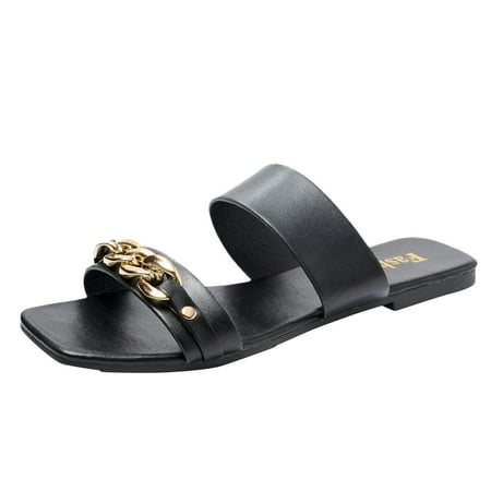 

Slippers For Women Ladies Slippers Summer Slippers Decorate Chain Square Toe Slippers Fashion Flat Plus Size Slippers
