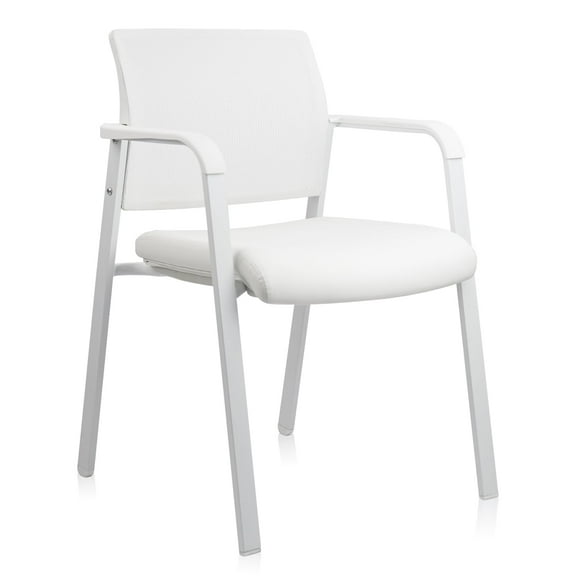 CLATINA Stacking Office Chairs | Mesh Back, Thicken Leather Seat and Streamline Arms, Ergonomic Lumber Support | Guest Reception, Waiting, Conference, School, Party, Customer, Side, Stationary, White