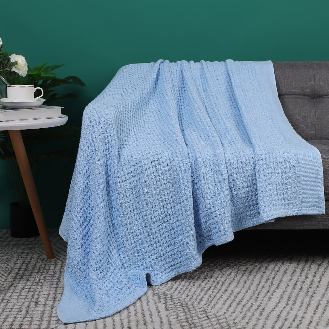 Unique Bargains Cotton Waffle Weave Bed Throw Blanket Sky Blue 90" x 90"