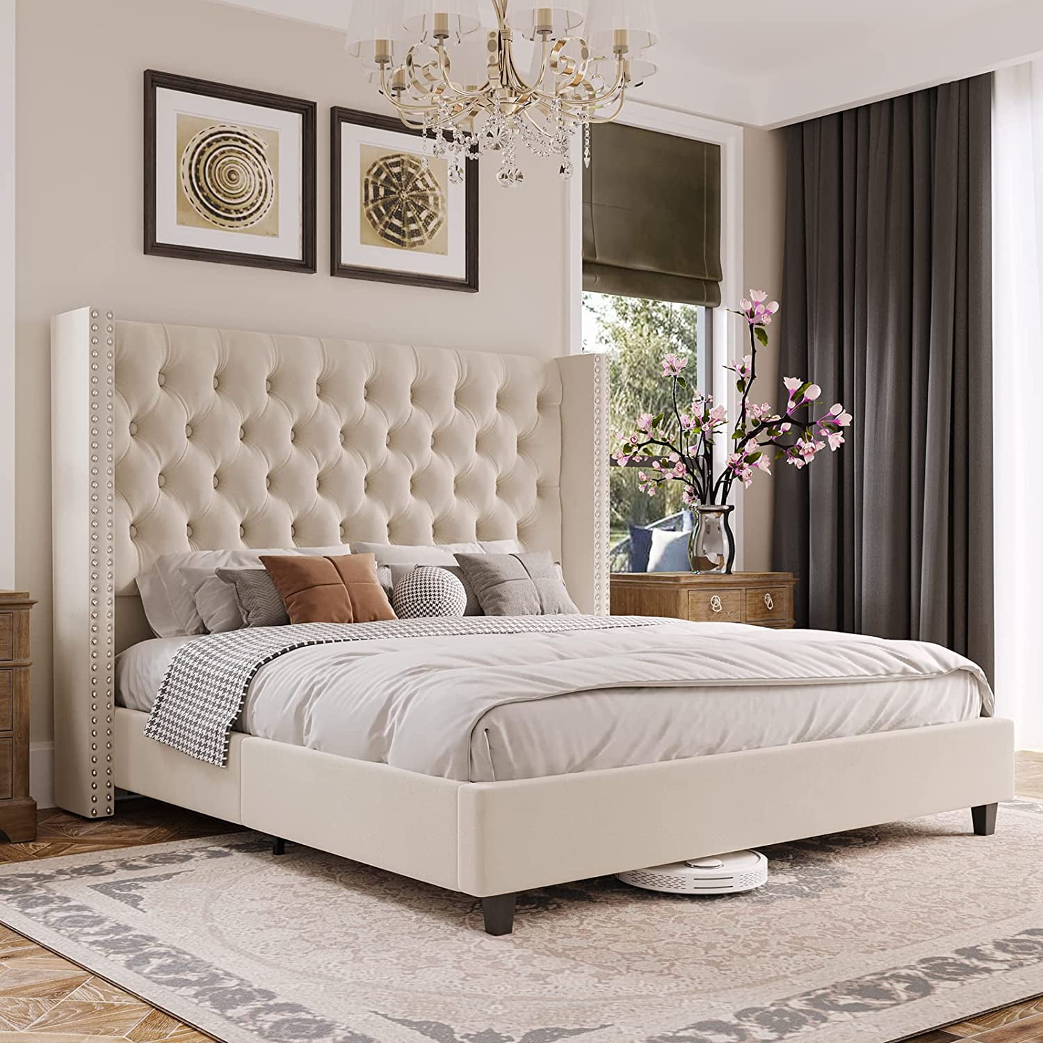 Jocisland King Size Platform Bed Frame Velvet Upholstered Bed Deep ...