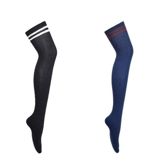 Lian Style Women's 2 Pairs Incredible Durable Super Soft Unique Over Knee High Thigh High Cotton Socks Size 6-9 J1023 Black, Navy