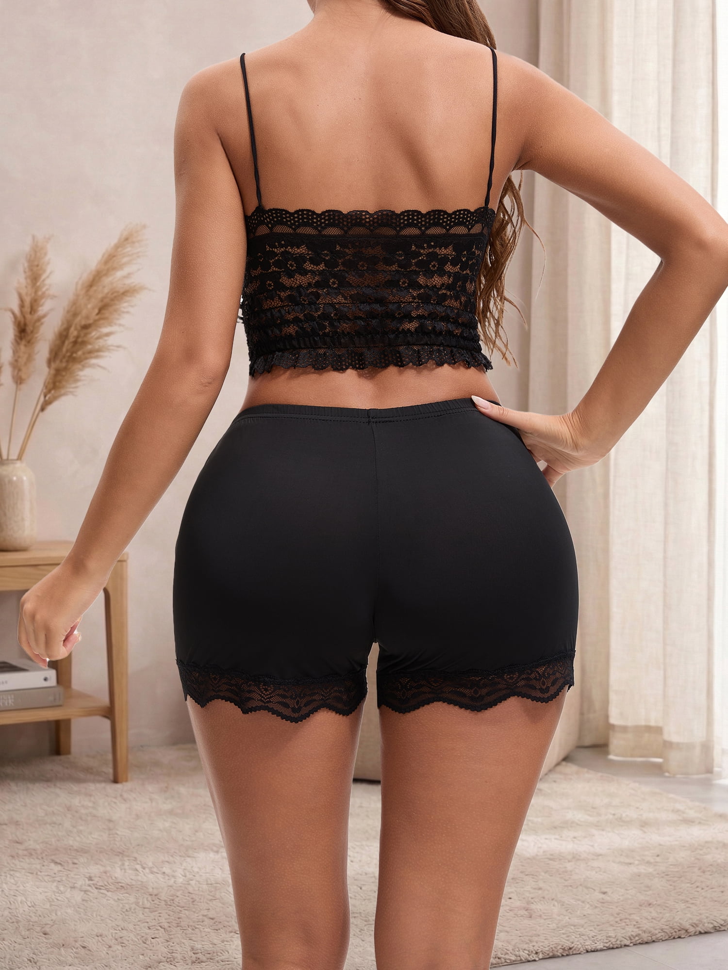 DARING DIVA Women's Lace Trim Ice Silk Slip Shorts XL Black