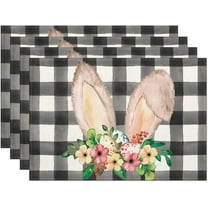 Rdsfhsp Easter Placemats Set of 4, Buffalo Plaid Bunny Ears with Flowers Eggs Heat-Resistant Place Mats,Seasonal Table Decors for Farmhouse Kitchen Dining Holiday Party 12x18 Inch