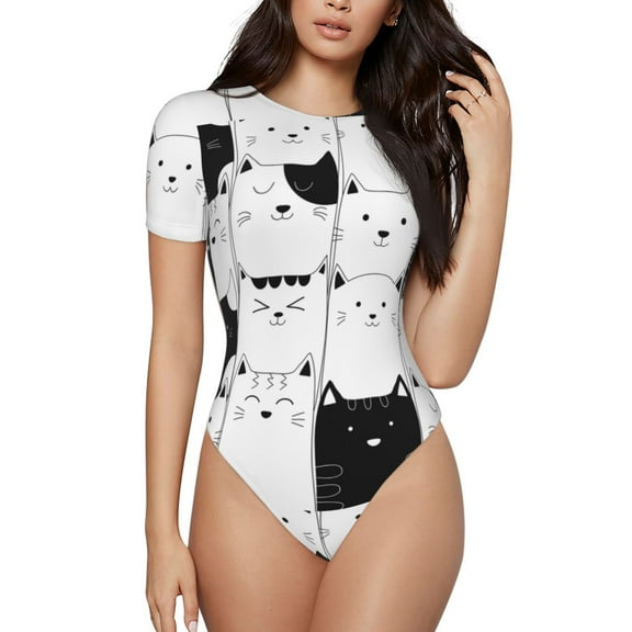 Naloa Doodle Cute Cat Women's Short-Sleeved Onesie, One-Piece Swimsuit for Parties, dates, clubs - Small