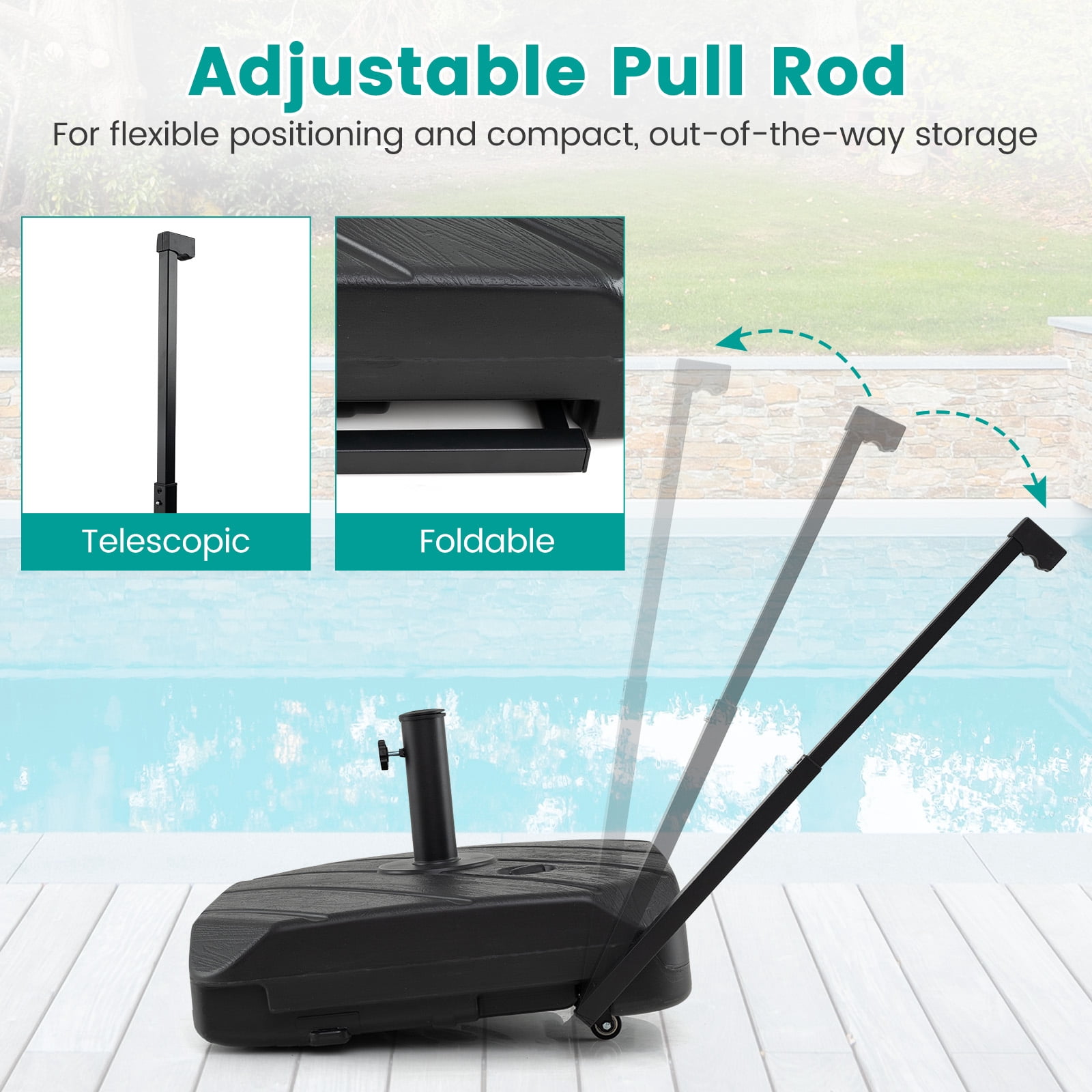 Costway Fillable Patio Umbrella Base with Wheels & Telescopic Pull Rod, Umbrella Stand