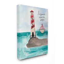 The Stupell Home Decor Collection Happiness Comes In Waves Lighthouse And Sailboat Coastal Illustration Stretched Canvas Wall Art, 24 x 30