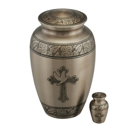 Cross Urn - Heavenly Dove and Cross Cremation Urn - Adult Funeral Urn - Solid Brass Funeral Urn - Handcrafted Adult Funeral Urn for Ashes -Affordable Urn Deal with Free Keepsake (Pewter)