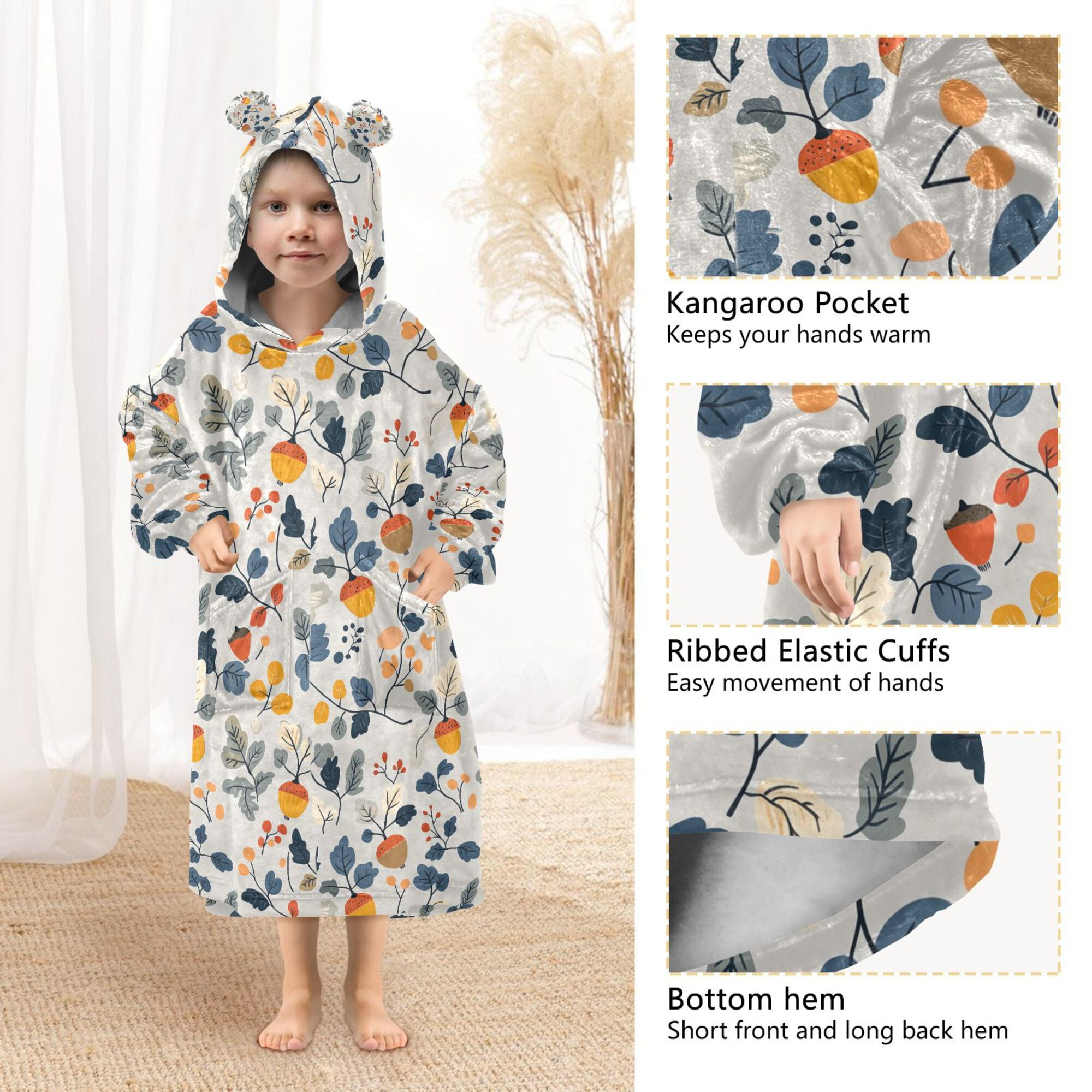 FORMRS Wearable Blanket Hoodie with Sleeves for Kids Cozy Flannel Sweatshirt, Acorn Leaves Pattern