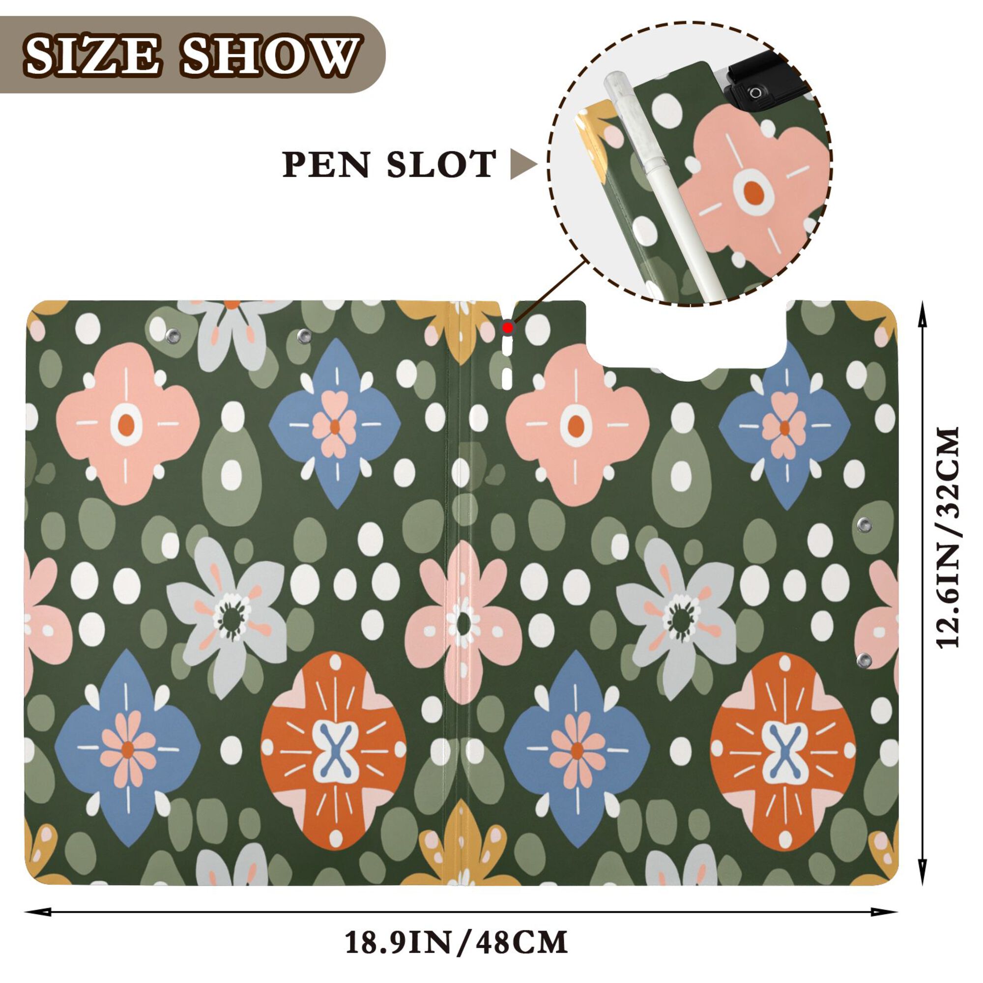 FORMRS A4 Clipboard Folder with Pen Holder Horizontal Foldable School Office Binder, Blue Geometric Flowers