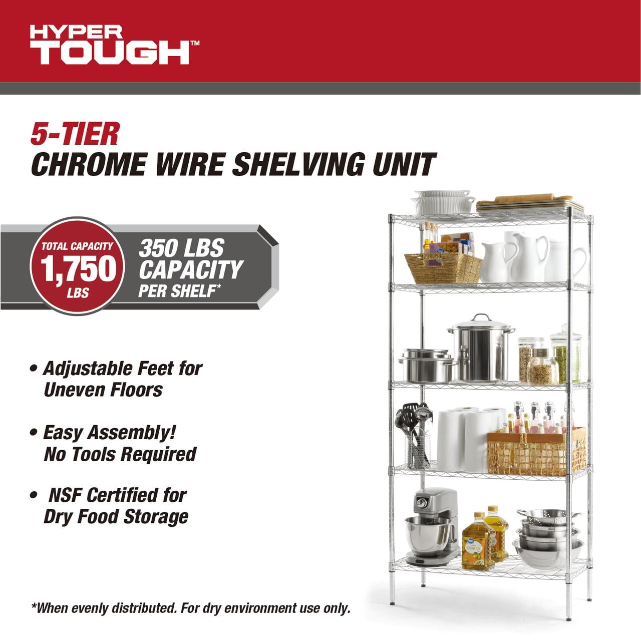 Hyper Tough 5-Tier Wire Storage Shelves, 36"W x 16"D x 72"H, 1750 lb Load Capacity, Chrome