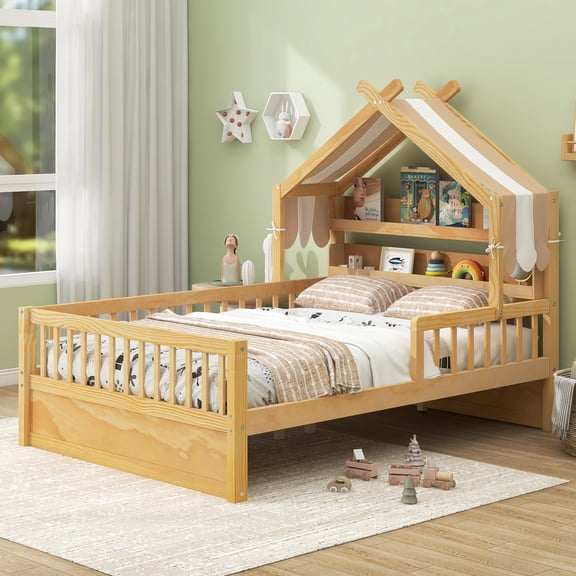 Euroco Wood Twin Size Platform Bed with Storage Headboard and Canopy, Natural