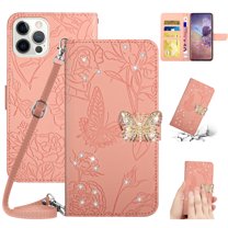 SaniMore Case for iPhone 14 Pro Max 6.7" 2022, [Crossbody/Wrist Lanyard] PU Leather Embossed Butterfly [Diamond Clasp] Card Slots Kickstand Shockproof Stylish Glitter Wallet Shell, ,Pink