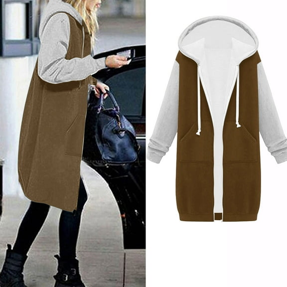 AOOCHASLIY 2023 Women Tops Women's Solid Color Jacket Thickening and Fleece and Winter Casual Zipper Long Sleeve Pocket Hooded Long Sweater