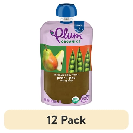 (12 pack) Plum Organics® Stage 2 Organic Baby Food Pear + Pea with Spinach 4oz Pouch