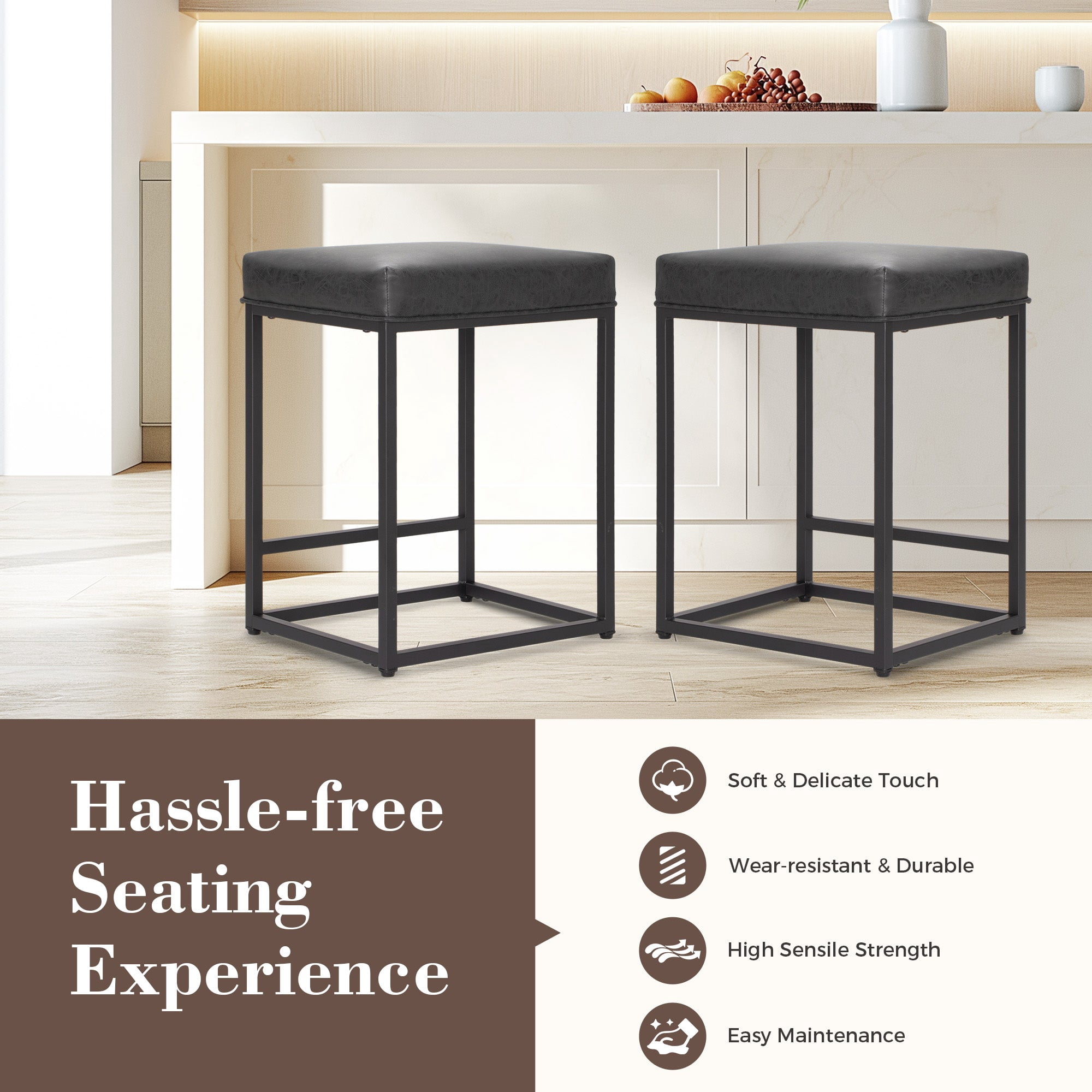 SUMMIT LIVING 24" Counter Height Bar Stool Set of 3, Upholstered Faux Leather Backless Counter Stool for Kitchen Island, Black