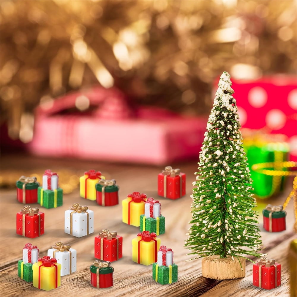 NOGIS 50 Pcs Christmas Miniature Resin Gift Boxes Multicolor Mini Christmas Ornaments Xmas Miniature Figurines Charms for Craft DIY Garden Accessories (Style A)