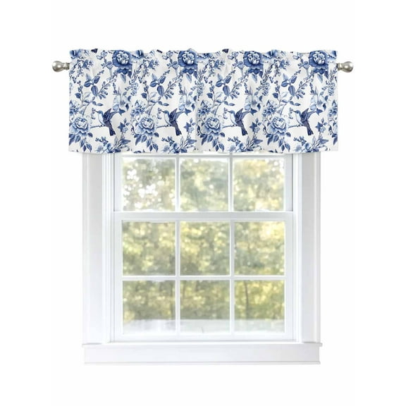 Blue Flower Bird Valances for Windows, Rod Pocket Kitchen Valance Curtains - Soft & Washable Small Window Treatment for Living Room, Bathroom, Spring , 42x12 Inch, 1 Panel