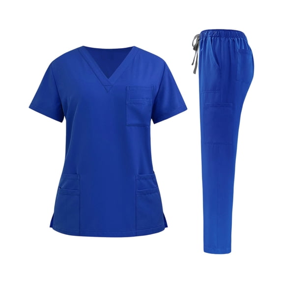 longantii Scrubs for Women Set Stretch V-Neck Top & Jogger Pants with Drawstring Medical Nursing Uniforms Set with Pockets Royal Blue M
