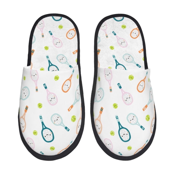 Balery Cute Tennis Rackets Pantuflas de Casa de Felpa Silenciosas con Diseño Estampado, Zapatillas Cómodas Antideslizantes de Algodón para Interior-Medium