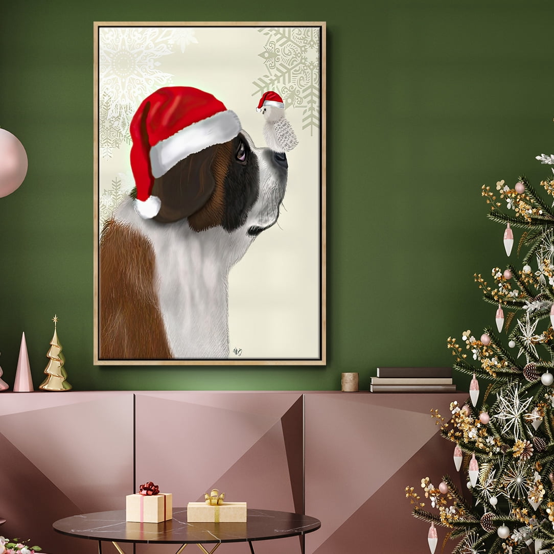 Christmas St Bernard and Fluffy Owl - Framed Gallery Wrapped Holiday Canvas - 27 x 41 - Natural Wood Frame