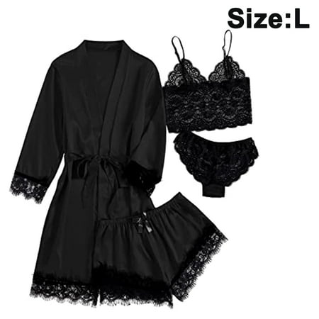 4 Pieces Women s Satin Floral Lace Cami Top Lingerie Pajama Set with Robe Dressing Gown Kimono Lingerie Set Satin Pajamas Lace Robe Bra