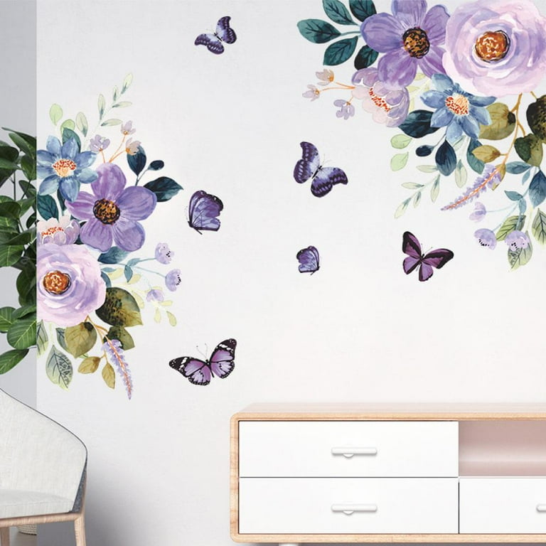 Colorful Flower with 3D Butterfly Wall Decals,Hydrangea Flower Gesang Flower Peony Flowers Wall Stickers,Removable Purple Butterfly Decals Garden Wall