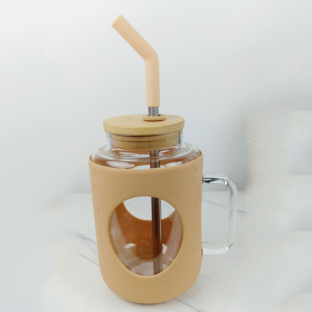 40 oz Glass Tumbler with Handle Glass Water Bottles with Bamboo Lid and  Straw Reusable Iced Coffee Cup with Silicone Sleeve Leak Proof for Smoothie  Iced Coffee Fruit Juice Herbal Tea Aosijia 