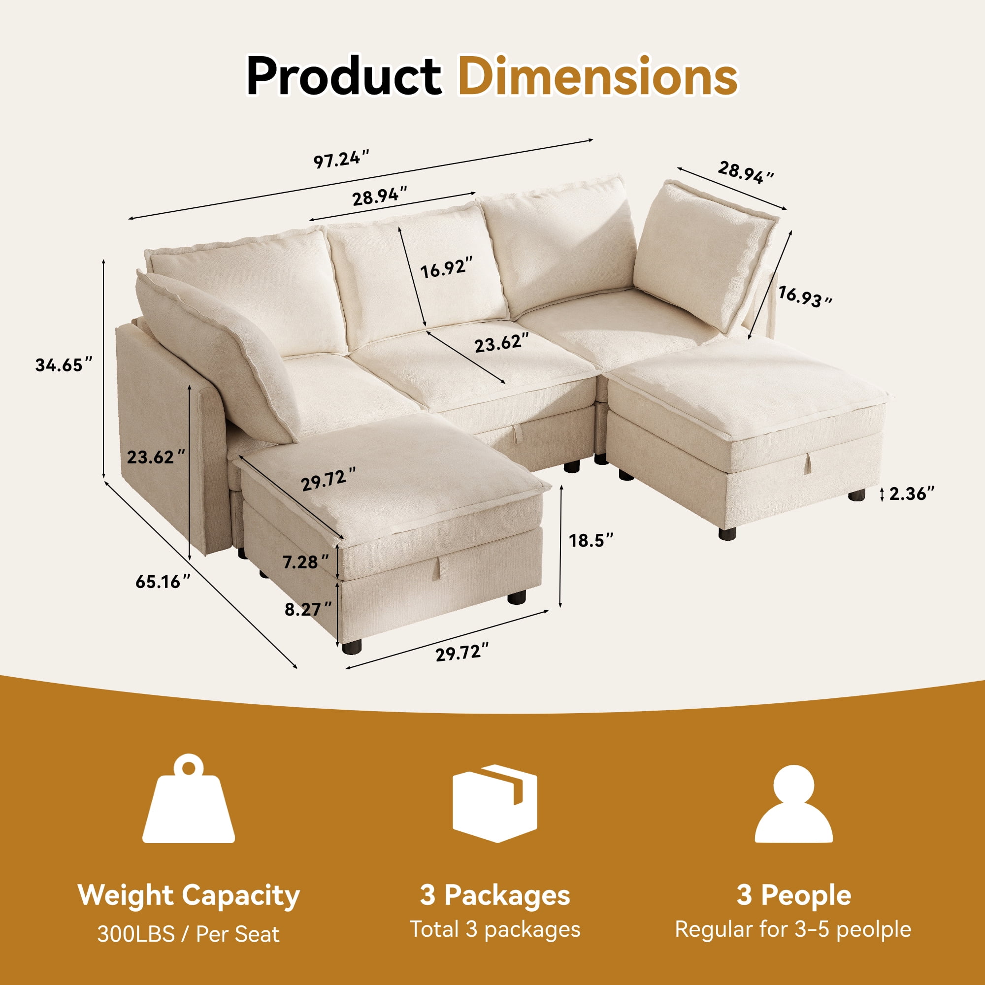 BedLuxury 97" Modular Sectional Sofa with Storage, U-Shaped Modern Sofa Couch with Movable Ottomans for Living Room, Office, Beige