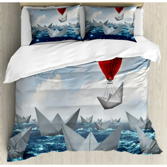 Nautical Duvet Cover Set Queen Size, Paper Boats in the Ocean with a Warm Toned Hot Air Balloon, Decorative 3 Piece Bedding Set with 2 Pillow Shams, Vermilion Blue Pale Blue and White, by Ambesonne