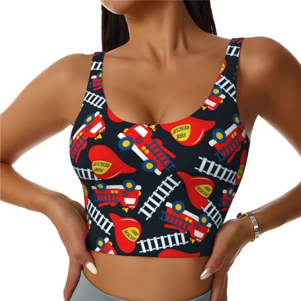 Fotbe Fire Rescue With Red Helmet And Truck Sujetador Deportivo Largo sin Aros para Mujer con Almohadillas y Soporte Medio, Transpirable y Absorbente, Camiseta Tipo Chaleco o Tank Top-Large