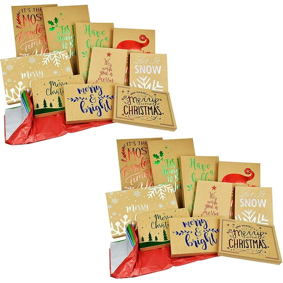 ALEF Christmas Kraft Gift Boxes and Tissue Paper 30 piece Bundle with Foil Designs - 2 Pack (20 Boxes - 40 sheets Tissue Paper)