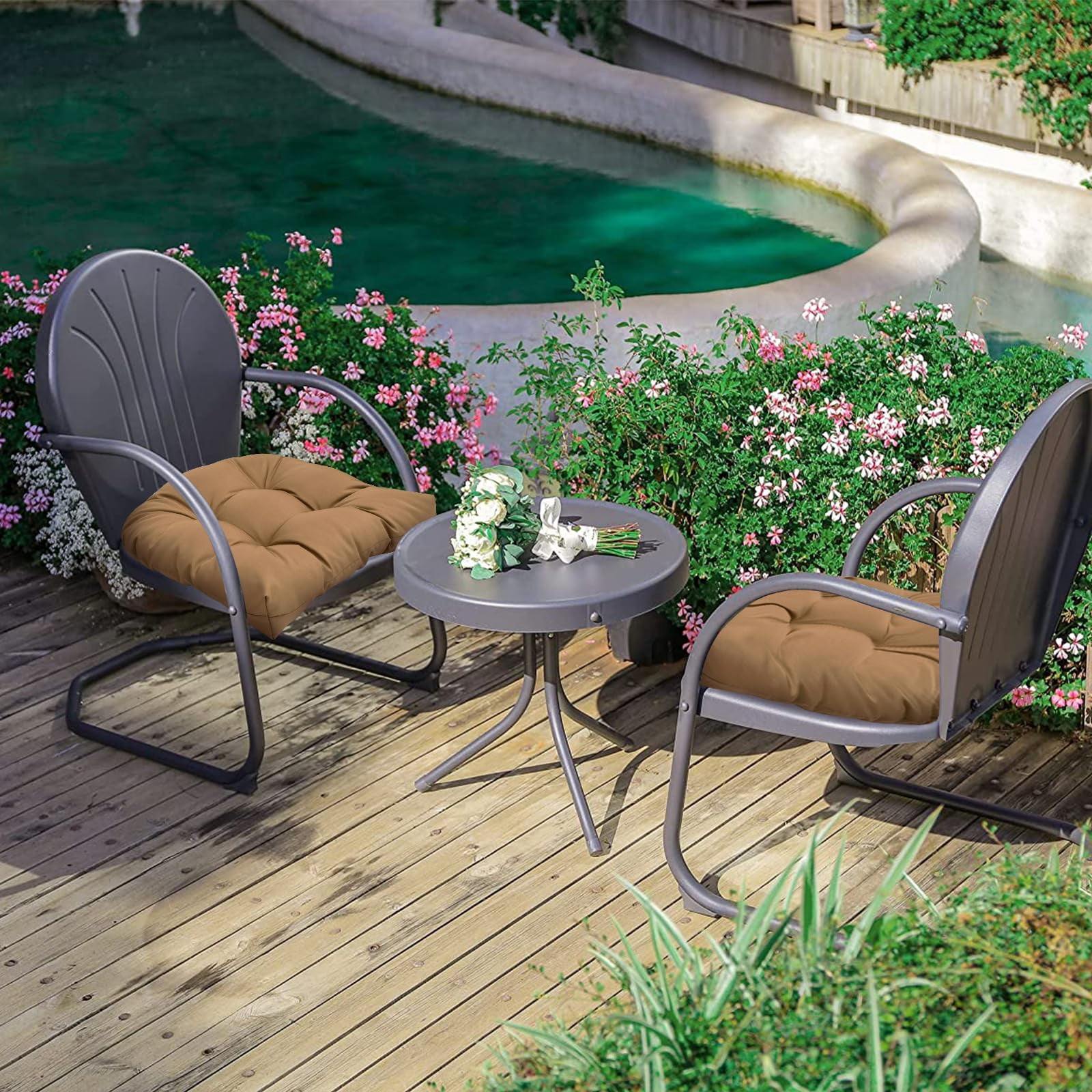 Outdoor Tufted Seat Cushions  2 Pack Patio Wicker Chair Cushion With Ties Waterproof Pads Round Corner 19"x19"x3.9" Black
