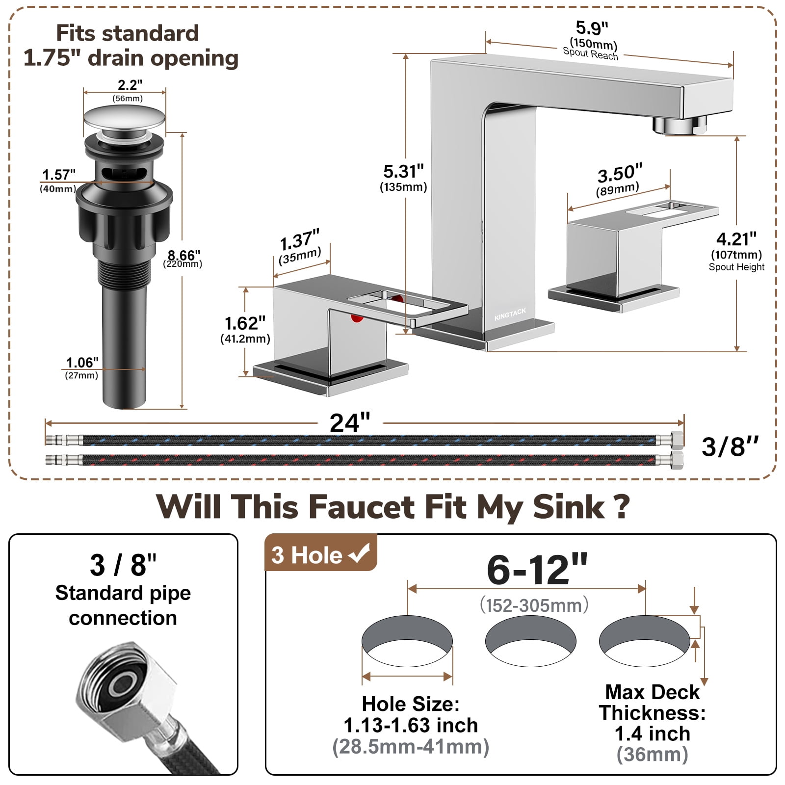 KINGTACK Bathroom Faucets for Sink 3 Hole, 8 inch Chrome Bathroom Sink Faucet with Pop Up Drain, 2 Handle Vanity Faucet with Water Supply Hoses